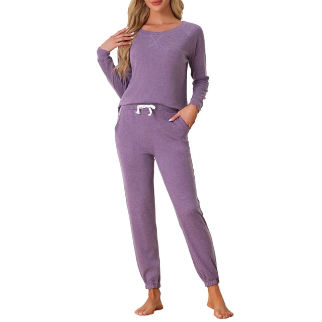 Conjunto de lounge para mujeres INSPIRE CHIC, sudadera con jogger, manga larga, cuello redondo, pijama de punto, traje de entrenamiento, color púrpura