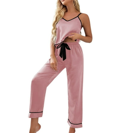 

Women S Ice Silk Suspenders Pants Pajamas Women Spring And Summer Ties Thin Straight Pants Home Wear Home Suit Soft Sleepwear for Women Fall Pajamas for Women