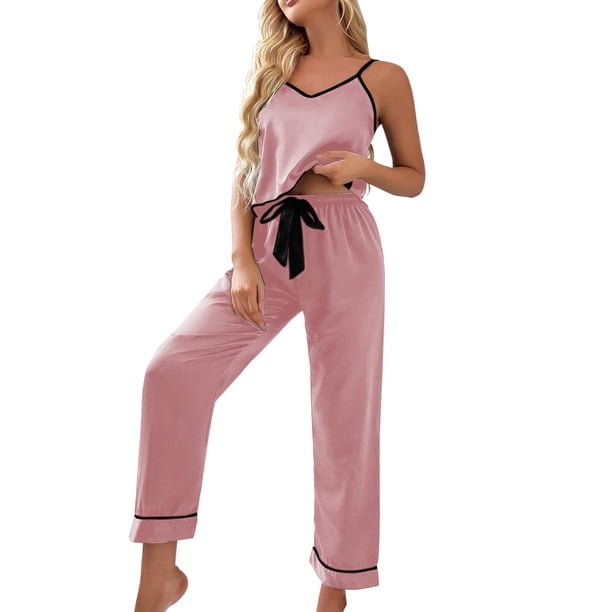 Gibobby Pijamas mujer calientitas Pantalones de tirantes de seda helada para mujer, pijamas para mujer, corbatas de primavera y verano, pantalones rectos finos(B,CH)