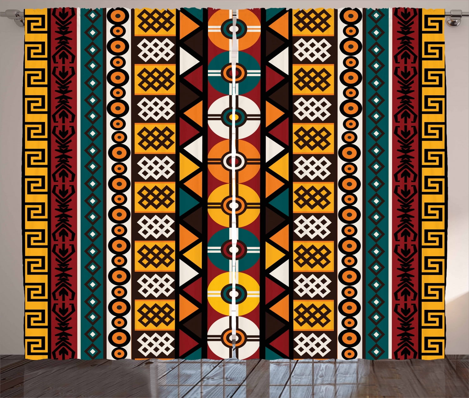 Kente Pattern Curtains 2 Panels Set, Vertical Borders Inspired by