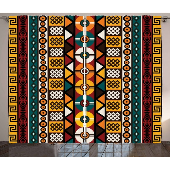 Ambesonne Kente Pattern Curtains 2 Panel Set, Prehistoric Borders, 108" x 90", Multicolor
