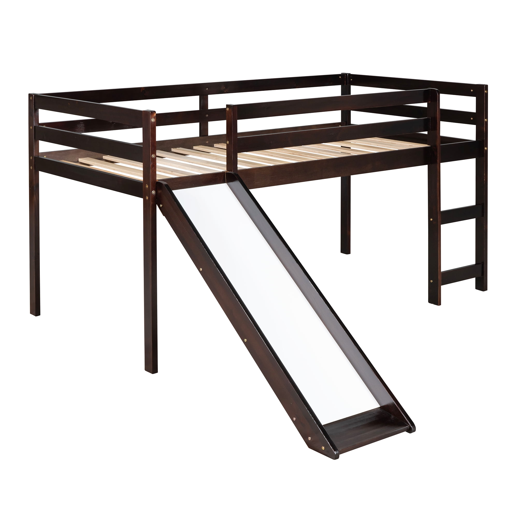 Aukfa Low Loft Bed with Slide, Wooden Twin Loft Bed for Kids Teens - Espresso
