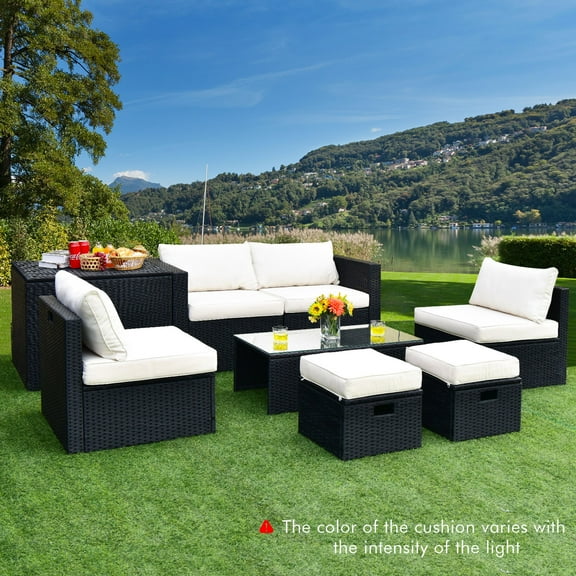 Gymax 8PCS Rattan Patio Sectional Furniture Set w/ Waterproof Cover & Off White Cushions