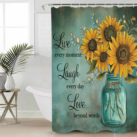 Vintage Sunflower Bathroom Curtain 72 Inch Shower Curtain with Hooks, Teal Retro Summer Botanical Floral Waterproof Polyester Bath Curtain Washable Bathtub Curtain 66''x 72''