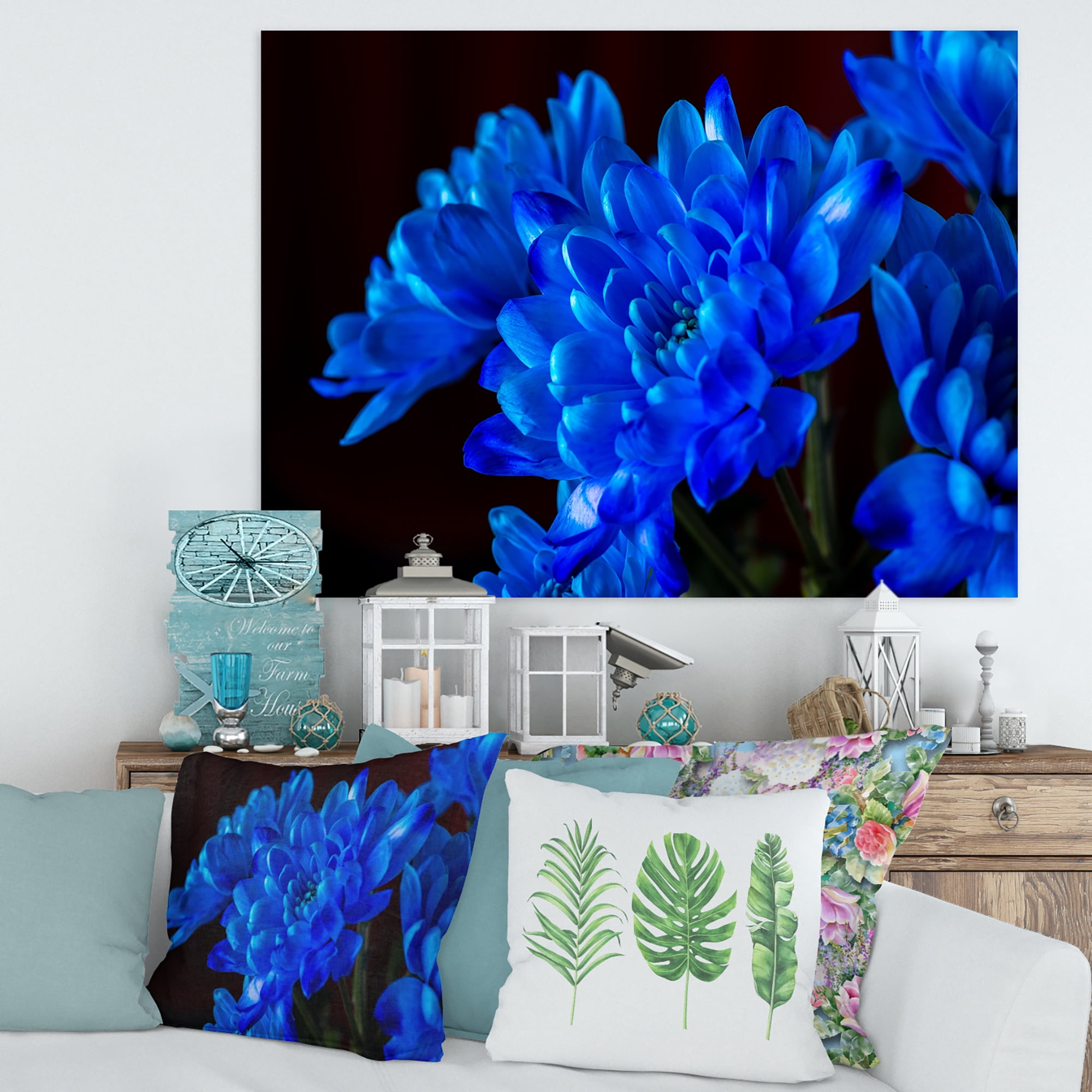 Designart ' Blue Chrysanthemum Flowers On Black Backround ' Traditional Canvas Wall Art Print