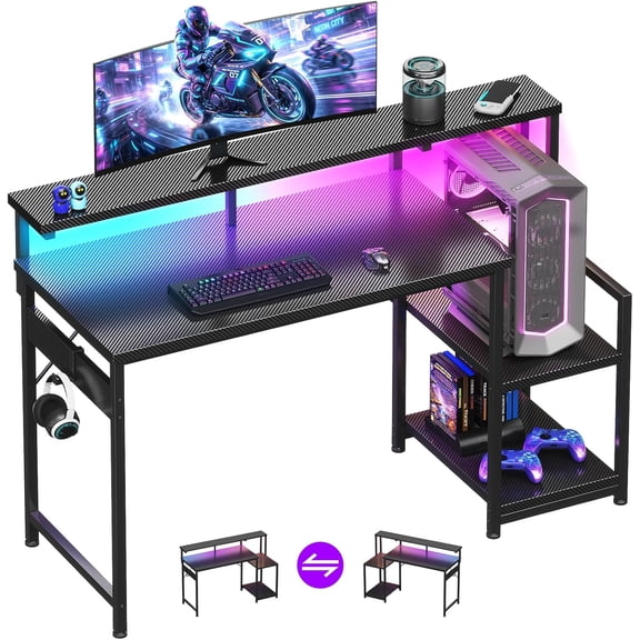 TWQP 48 Inch Gaming Desk with LED Lights Carbon Fiber Black Computer Table with Monitor Stand