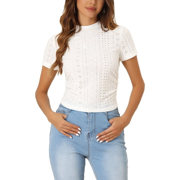 INSPIRE CHIC Casual Crop Top for Women's Hollow Out Slim Fit Short Sleeve Tee Top White XS