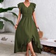thumbnail image 2 of ClodeEU Womens Summer V Neck Ruff Sleeve Elastic Waist Dress, A Line Casual Loose Fit Maxi Dress Army Green,Womens Plus XXL, 2 of 6