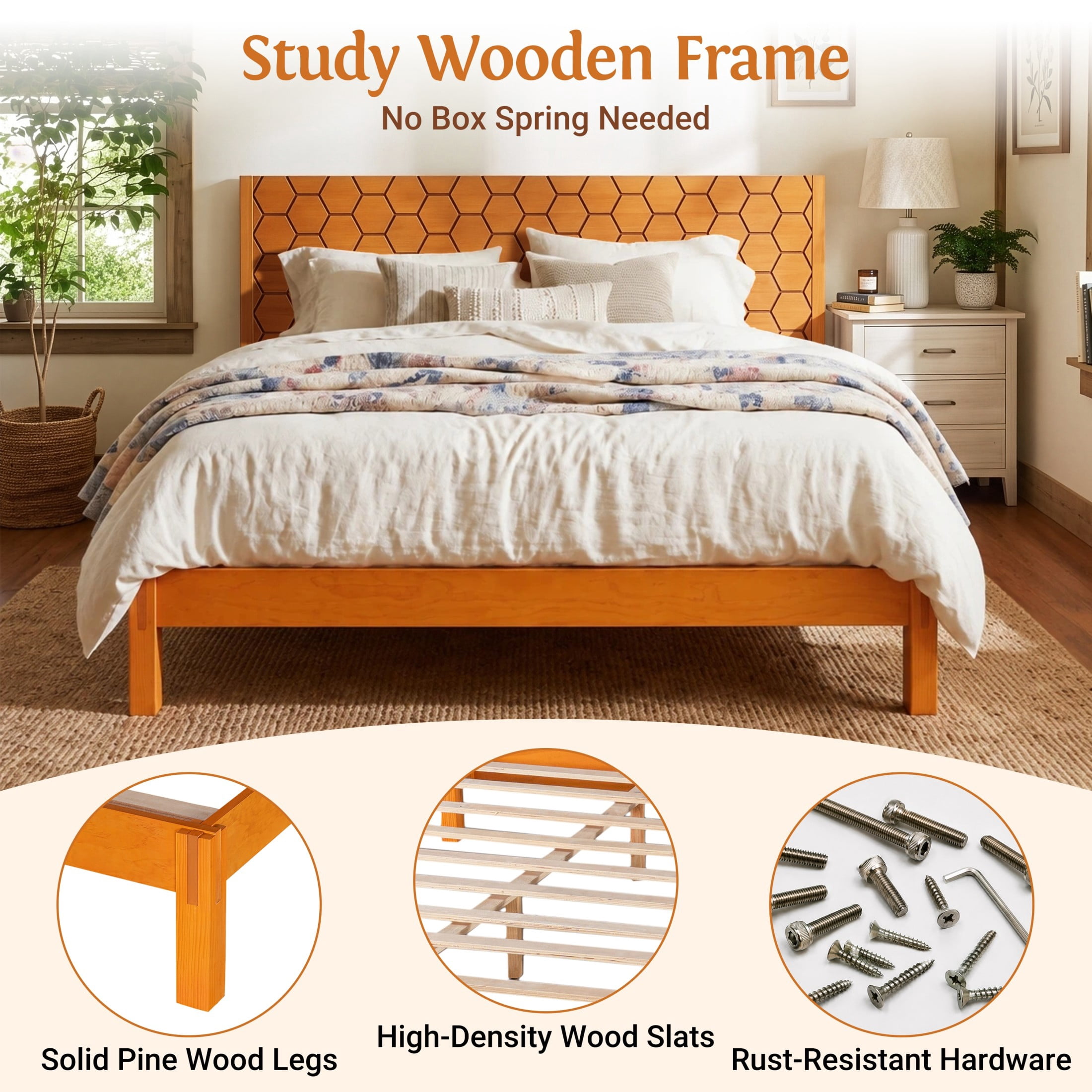 Christopher Knight Home Modern King Wooden Platform Bed Frame With Honeycomb Headboard, Golden Oak