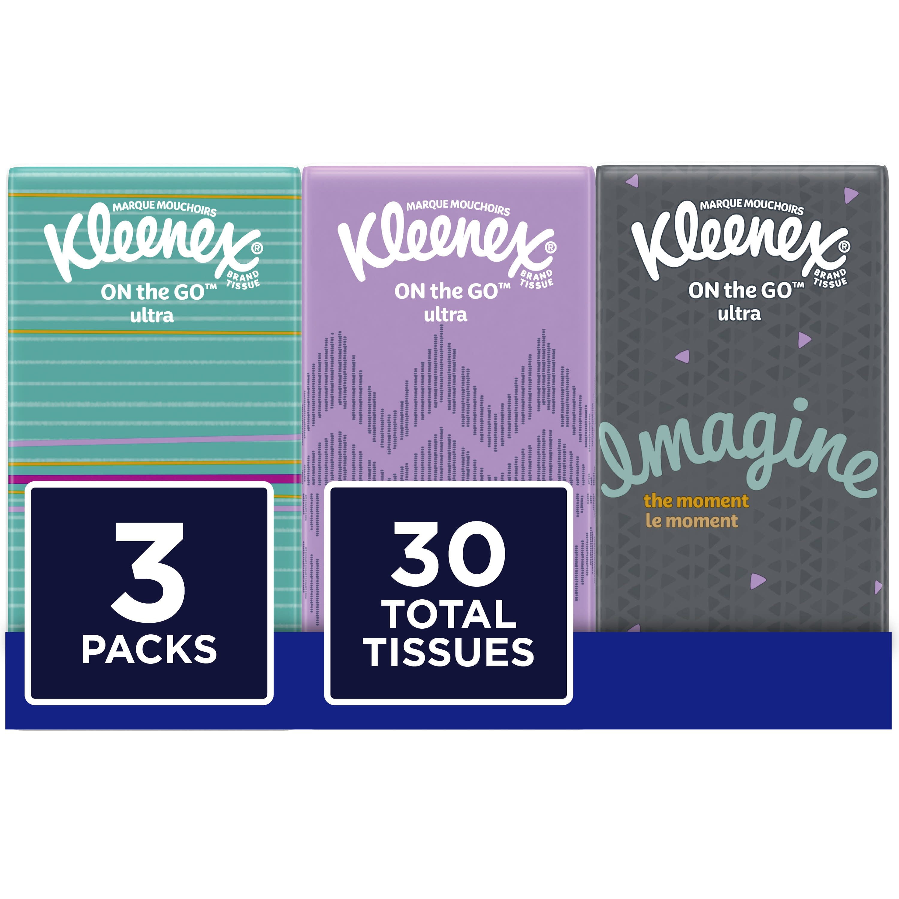 Kleenex Go Packs Facial Tissues, 3 Packs, 10 Tissues per Pack (30