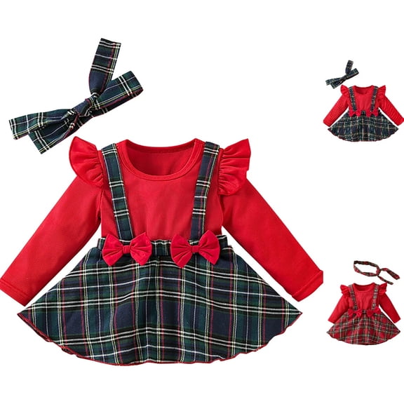 HJYCHN Baby Girl Christmas Outfit Long Sleeve Plaid Romper Dress Set with Headband for Toddler Dress 9-12 Months
