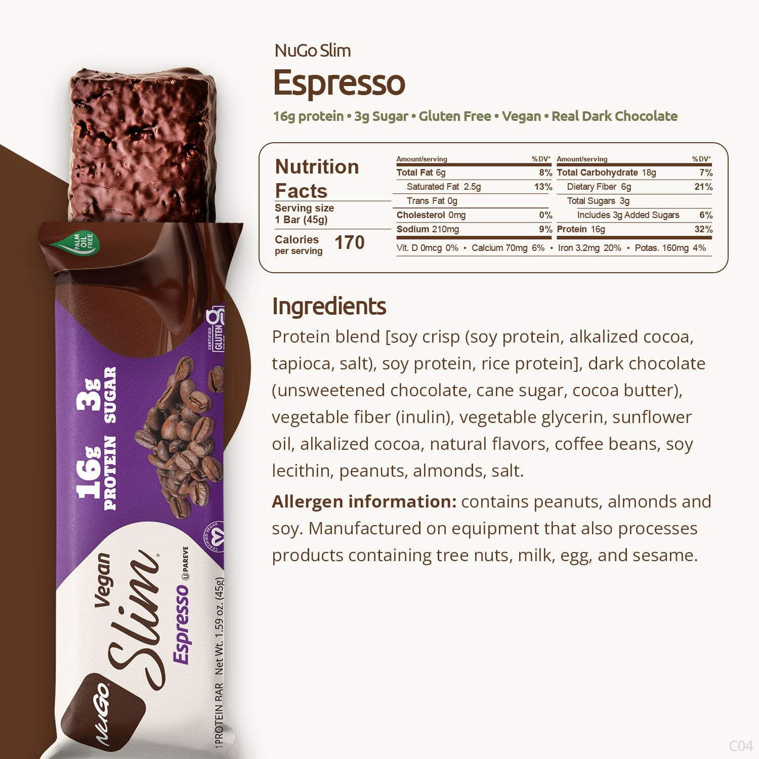 Nugo Slim Dark Chocolate Espresso, 16g Vegan Protein, 3g Sugar, 7g