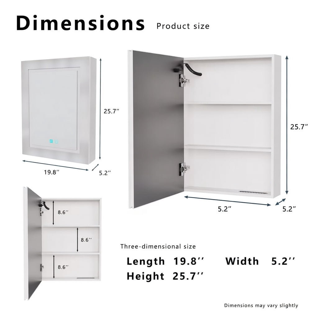 Hommoo Modern LED Bathroom Medicine Cabinet with Anti-Fog Mirror, Soft White Lighting & Wall-Mounted Aluminum Frame, One-Door Storage for Small Bathrooms, White