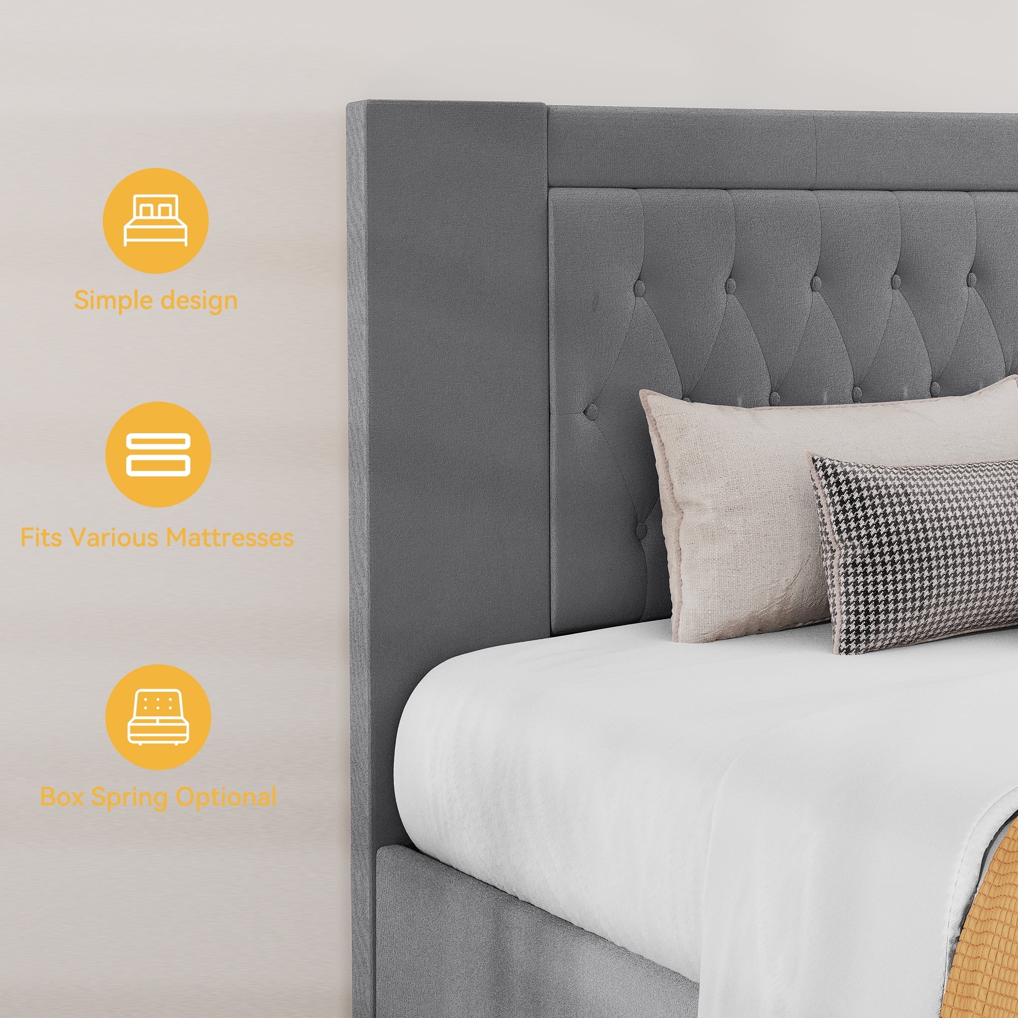 Dextrus King Size Storage Bed Frame with Button Tufted Headboard, No Box Spring Needed, Grey
