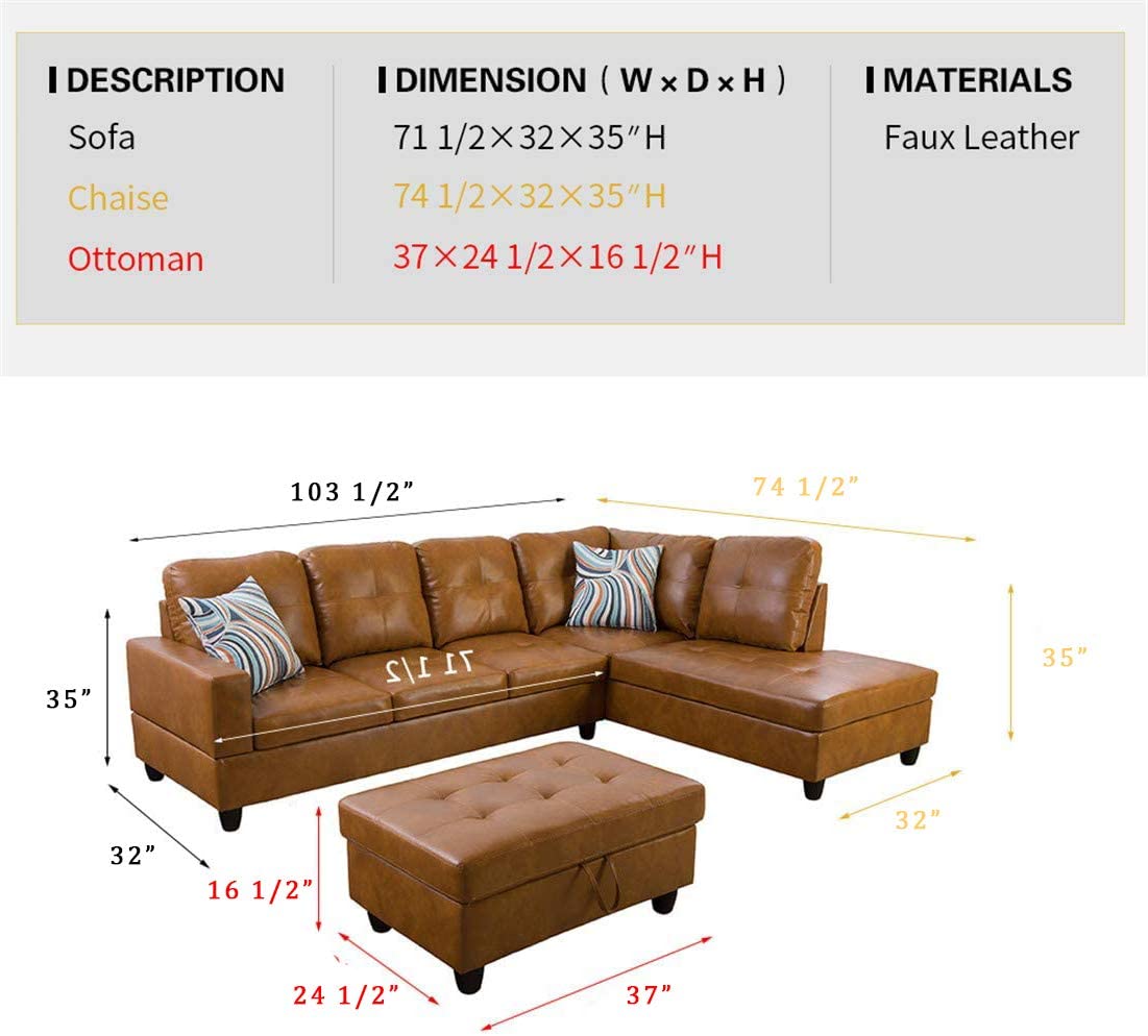 Beverly Fine Furniture Furniture Sectional Sofa Set, Living Room Sofa Set, Leather L Shape Sofa(Right Hand Facing,Ginger)