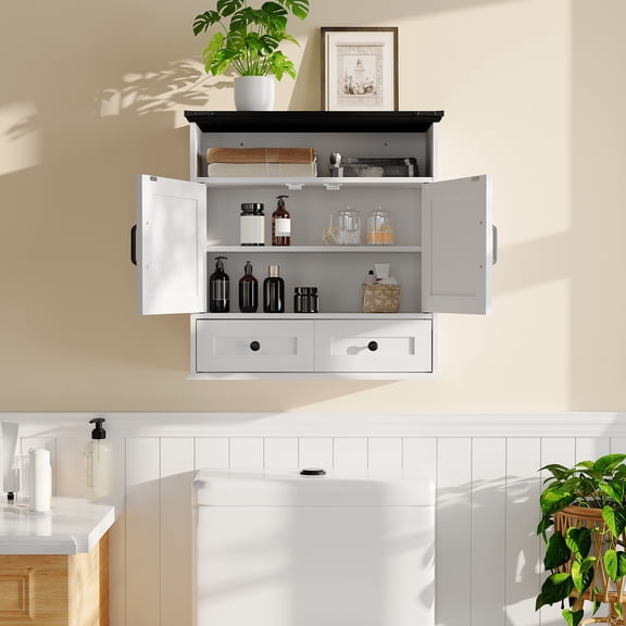 Wall-Mounted Bathroom Cabinet with X-Style Door & Double Drawers – Over-Toilet Storage with Top Shelf and Hidden Compartment