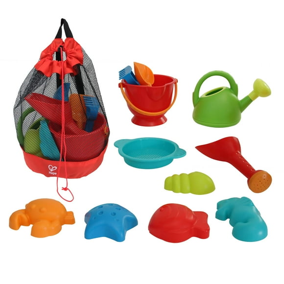 Juego de juguetes de playa Hape Essential Sand Toy con bolsa de malla para niños