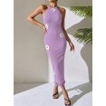 thumbnail image 6 of Lilac Purple Floral Embellished Halter Neck Fitted Sleeveless Midi Dress With Tassel Hem, 6 of 6