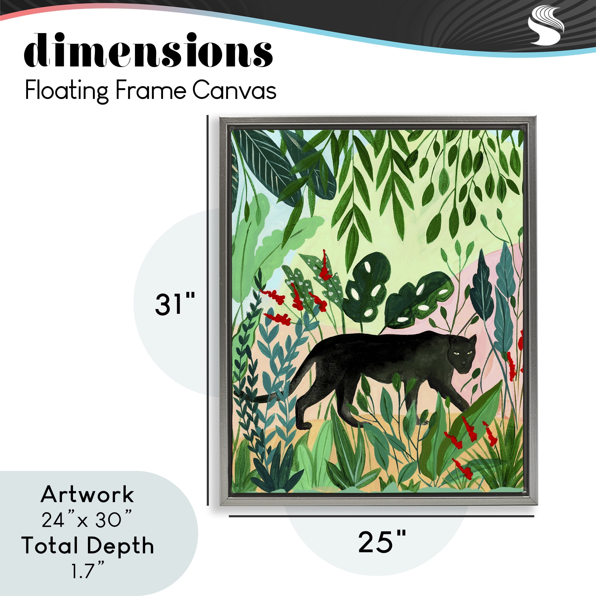 Stoic Panther Tropical Forest Gray Framed Floater Canvas Wall Art, design by Nabeela Rumi