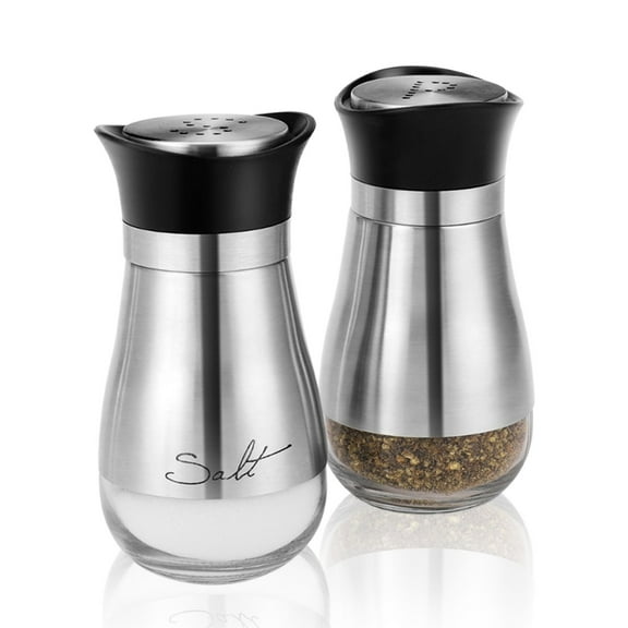 Salt & Pepper Shakers, Glass Canisters Dispenser with Stainless Steel Sleeve for Spices, Sea / Kosher / Himalayan Salts - Silver (Set of 2)