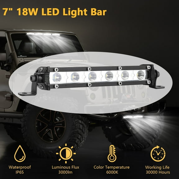 Moclever 7" LED Light Bar Single Row Offroad Spot Lights 18W Ultra Slim Straight Work Light for Trailer Truck Bus Boat