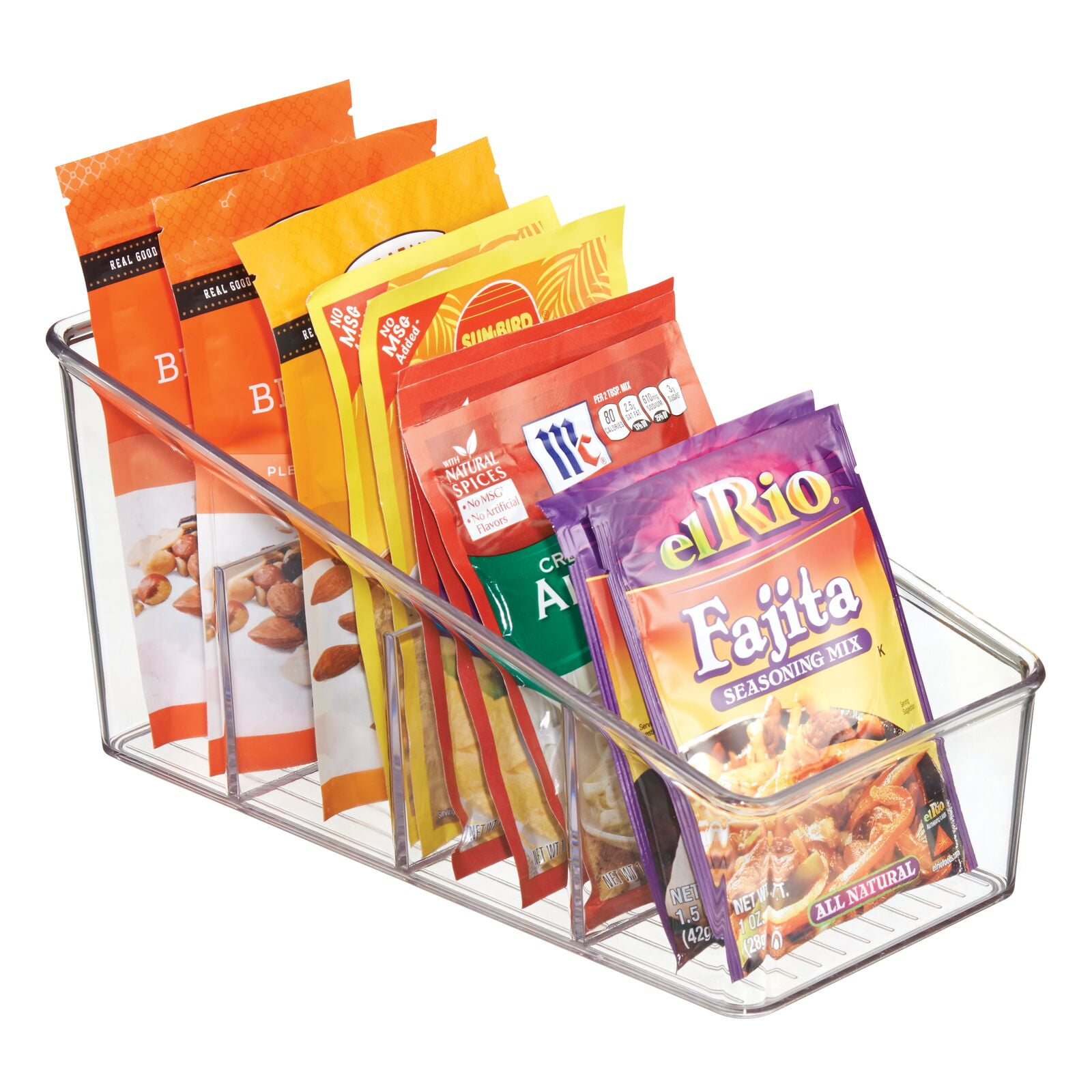 mDesign Plastic Food Packet Organizer Bin Caddy, 4 Sections - 4 Pack Clear - Clear