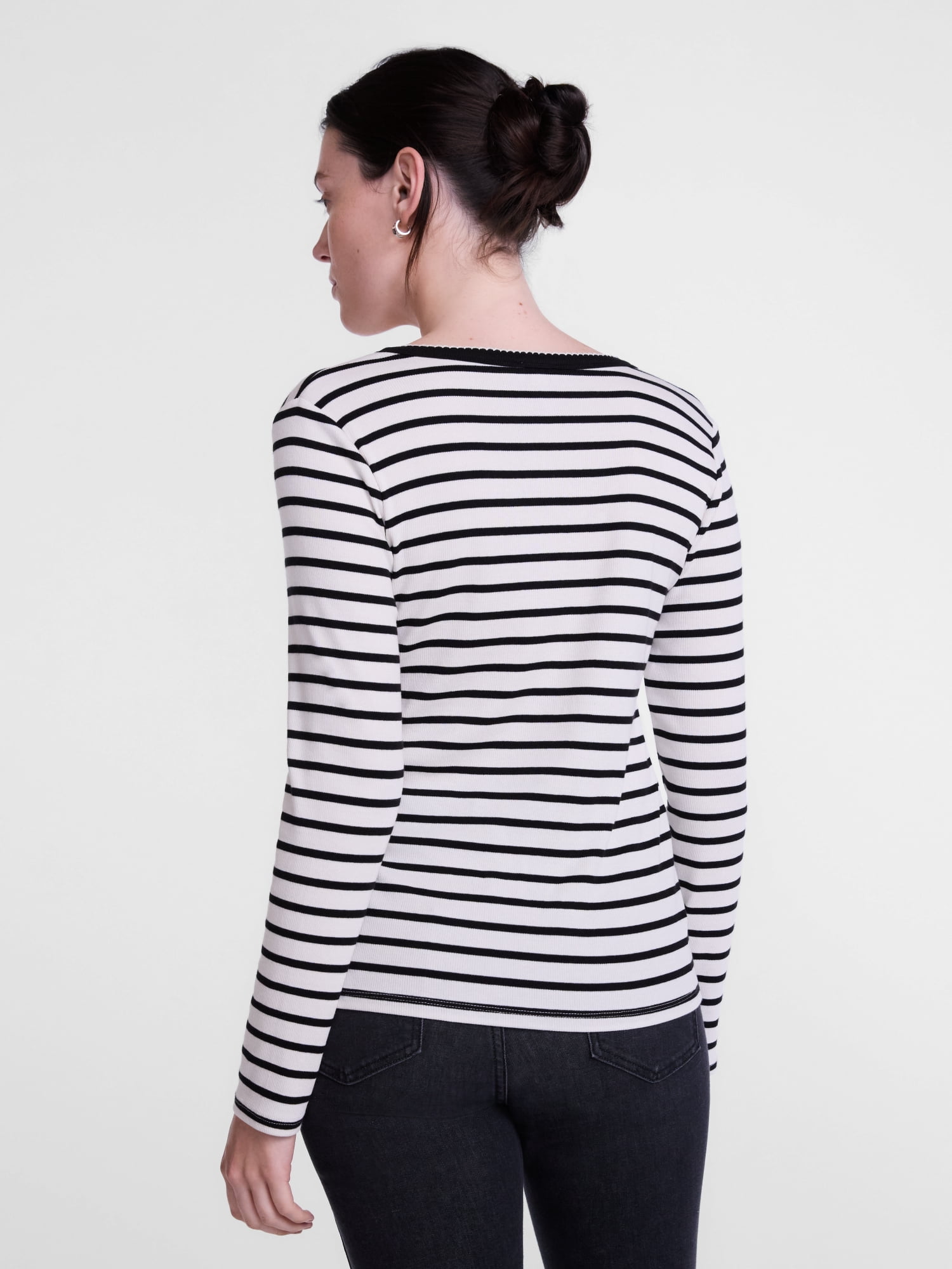 Scenario Women's and Women's Plus Striped Henley Shirt with Long Sleeves, Sizes XS-4X