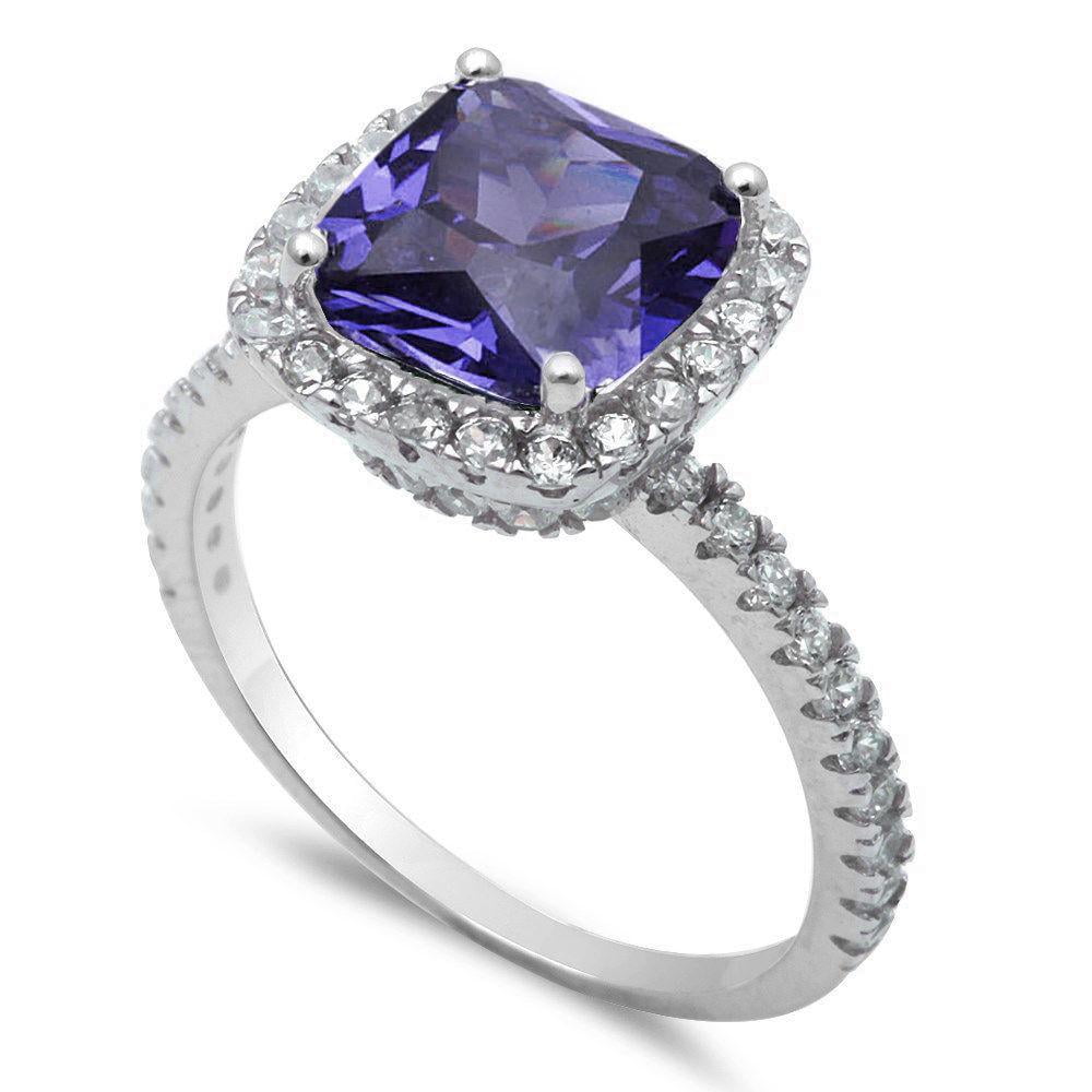 Tanzanite Simulated Ring 7mm Cushion In Sterling Silver 