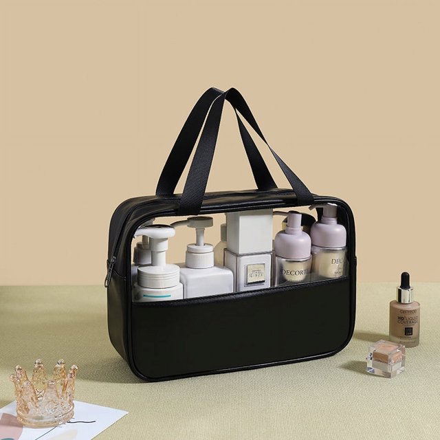 Bolsa de cosméticos con empalme de PU, bolsa de lavado impermeable transparente de PVC, bolso de mano portátil de viaje, bolsa de almacenamiento de baño de gran capacidad