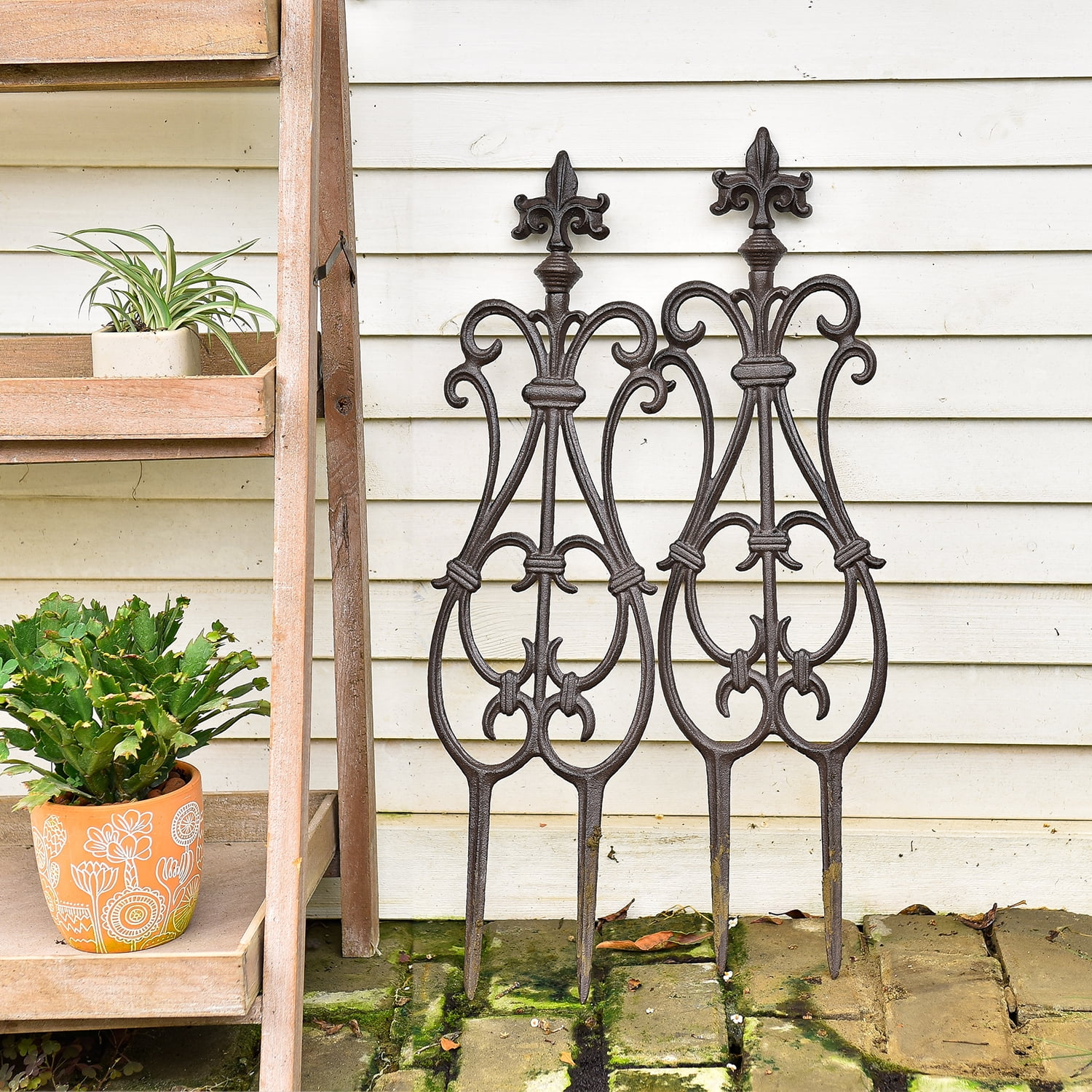 Sungmor Cast Iron Garden Edging Border, Flower Bed Landscape Picket Fence Panels, 28" x 7.6", 4 Count Brown