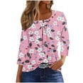 thumbnail image 2 of Tops for Women Plus Size 3/4 Sleeved Slanted Collar Square Collar Buttons Blouse Printed Casual T-shirt Pink L, 2 of 6
