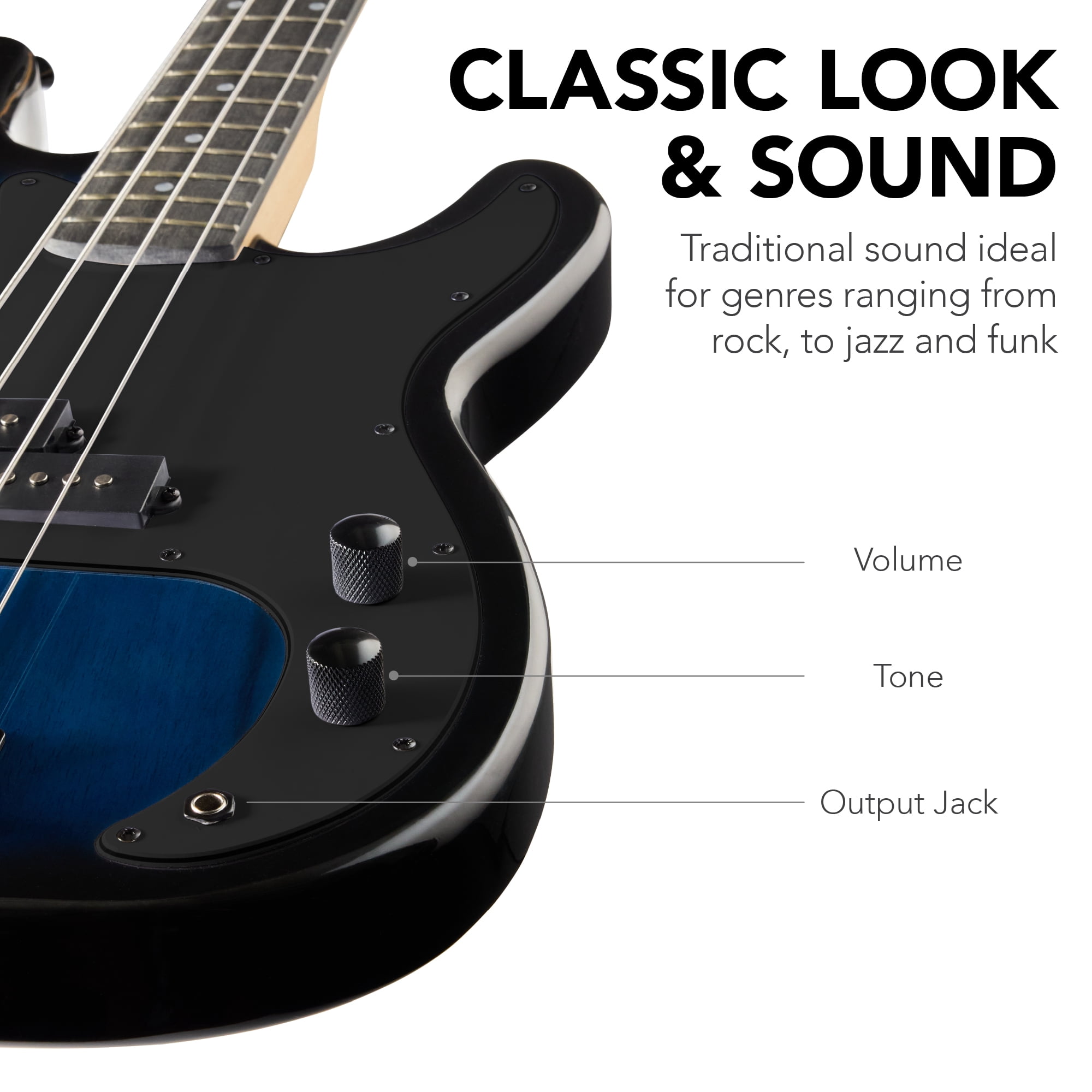 Best Choice Products Full Size Beginner 4-String Electric Guitar Bass Guitar w/ Padded Case - Hollywood Blue/Black