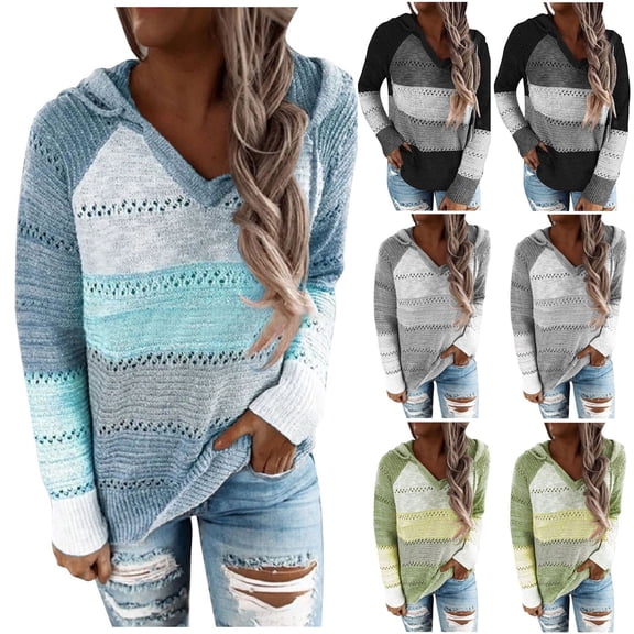 Aboser Womens Crochet Hooded Sweaters Plus Size Knit Hoodies Trendy Color Block Tunic Sweater Lightweight Hollow Out Pullover Jumpers Comfy Breathable Long Sleeve Knitwear Green XXXXXL