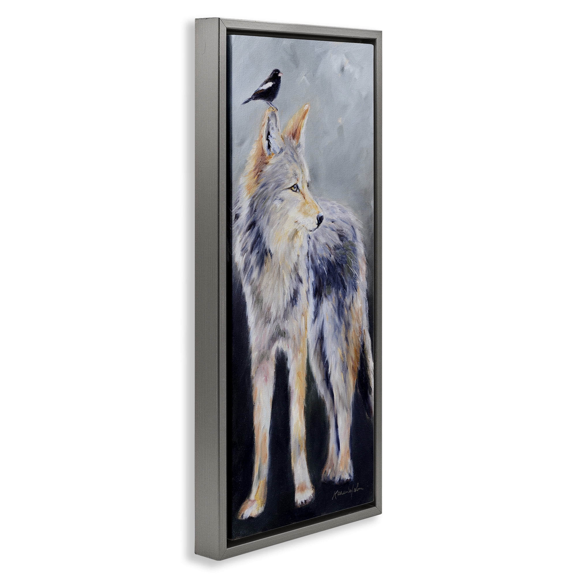 Stupell Industries Wild Coyote & Black Bird Animals & Insects Painting Gray Floater Framed Canvas Art Print Wall Art, 11 x 25