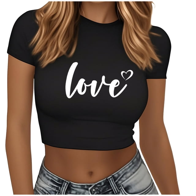 Plebaso T-Shirts Graphiques Courts pour Femmes Manches Courtes Imprimé Slim Col Rond T-Shirts d'Été Décontractés pour Femmes