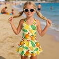 thumbnail image 3 of COEQINE Girls Tank Neck One Piece Swimsuit with Skirt & Liner, Sleeveless Wide Straps V-Back Summer Swim Dress for Swim Lessons & Water Play, Ages 10-11, Orange Leaf Floral, 3 of 8