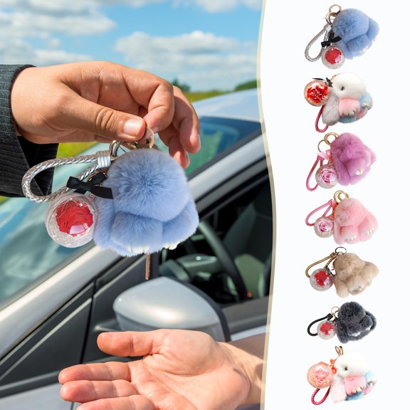 TTJ Purse Charms for Handbags Key Rings Mini Gifts Model Handmades Soft Bunny PomPom Charmss Bunny Car Key Chain Pendant Everlasting Flower for Women and Men Who Love Cute Things