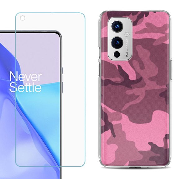 Slim-Fit TPU Phone Case Compatible with OnePlus 9 5G, with Tempered Glass Screen Protector, by OneToughShield ® - Camo Pink