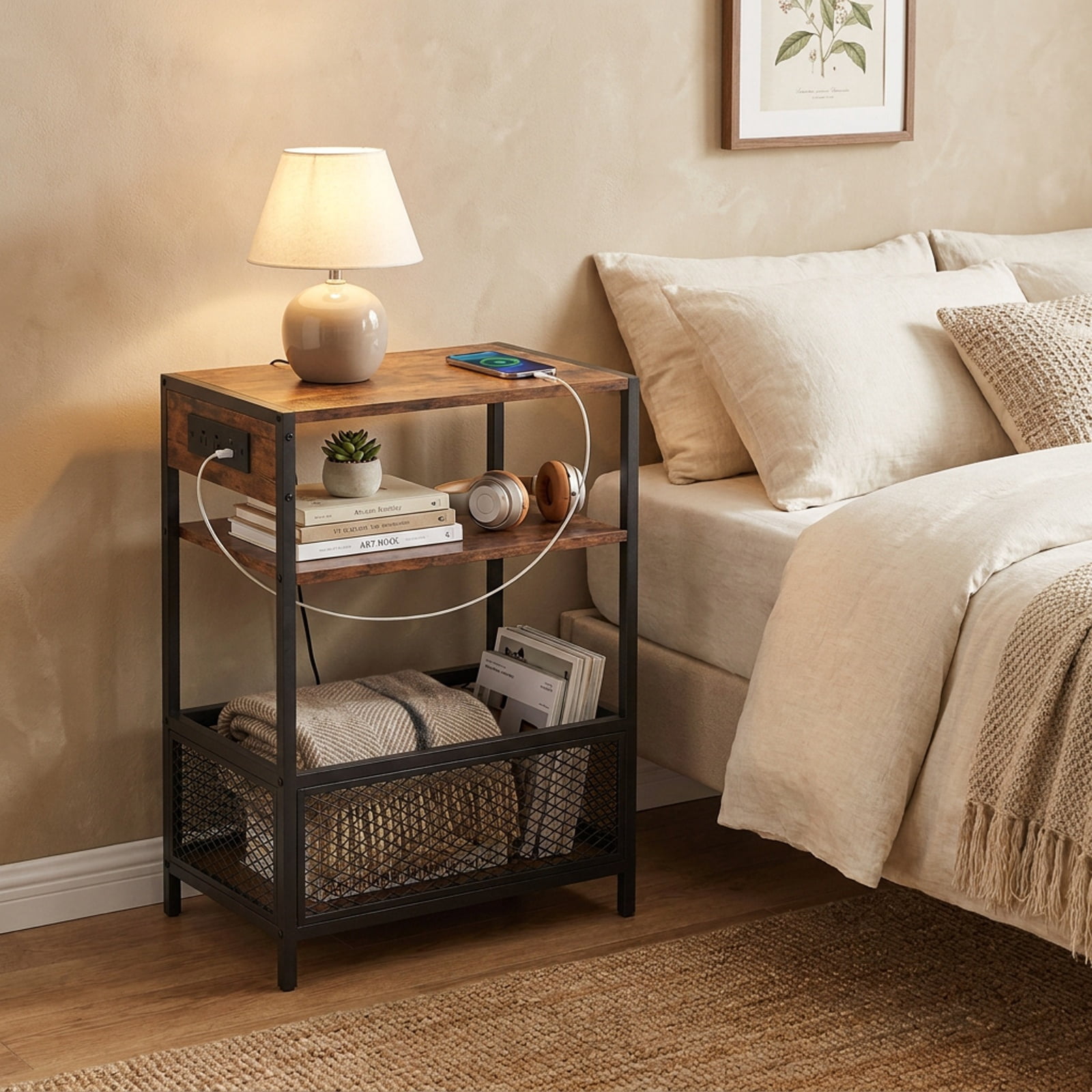 Furnibear 3 Tier Industrial Side Table with 2 AC Outlets USB and Type-C Ports and Metal Frame for Living Room Bedroom Home Office, Rustic Brown