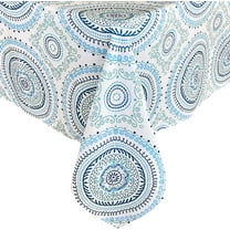 Newbridge 52 x 52 Inch Square Fabric Tablecloth, Blue Circle Stitch, Indoor Outdoor Party Table Cover