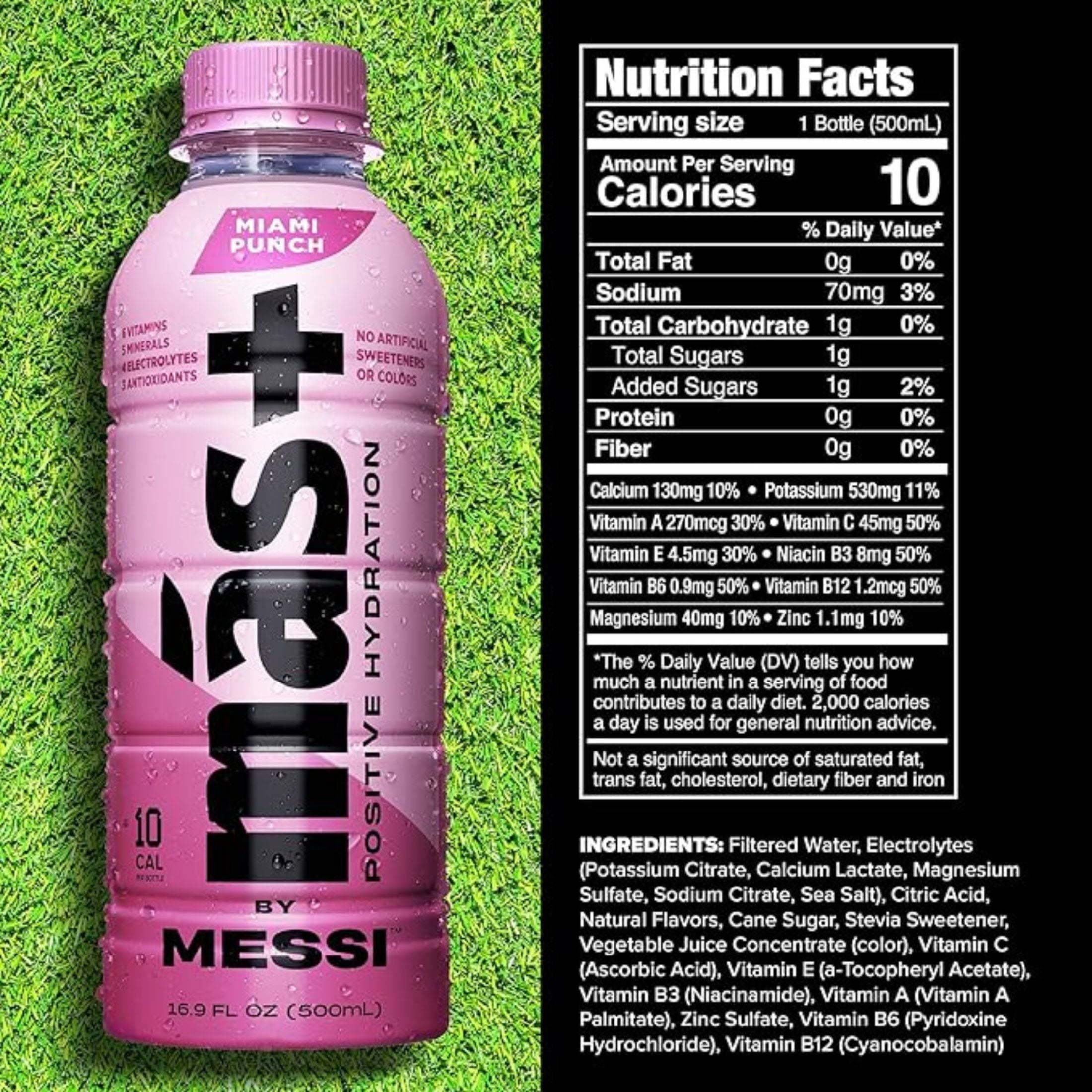 (2 pack) Mas+ by Messi Hydration Sports Drink Miami Punch, 16.9 fl oz Bottle