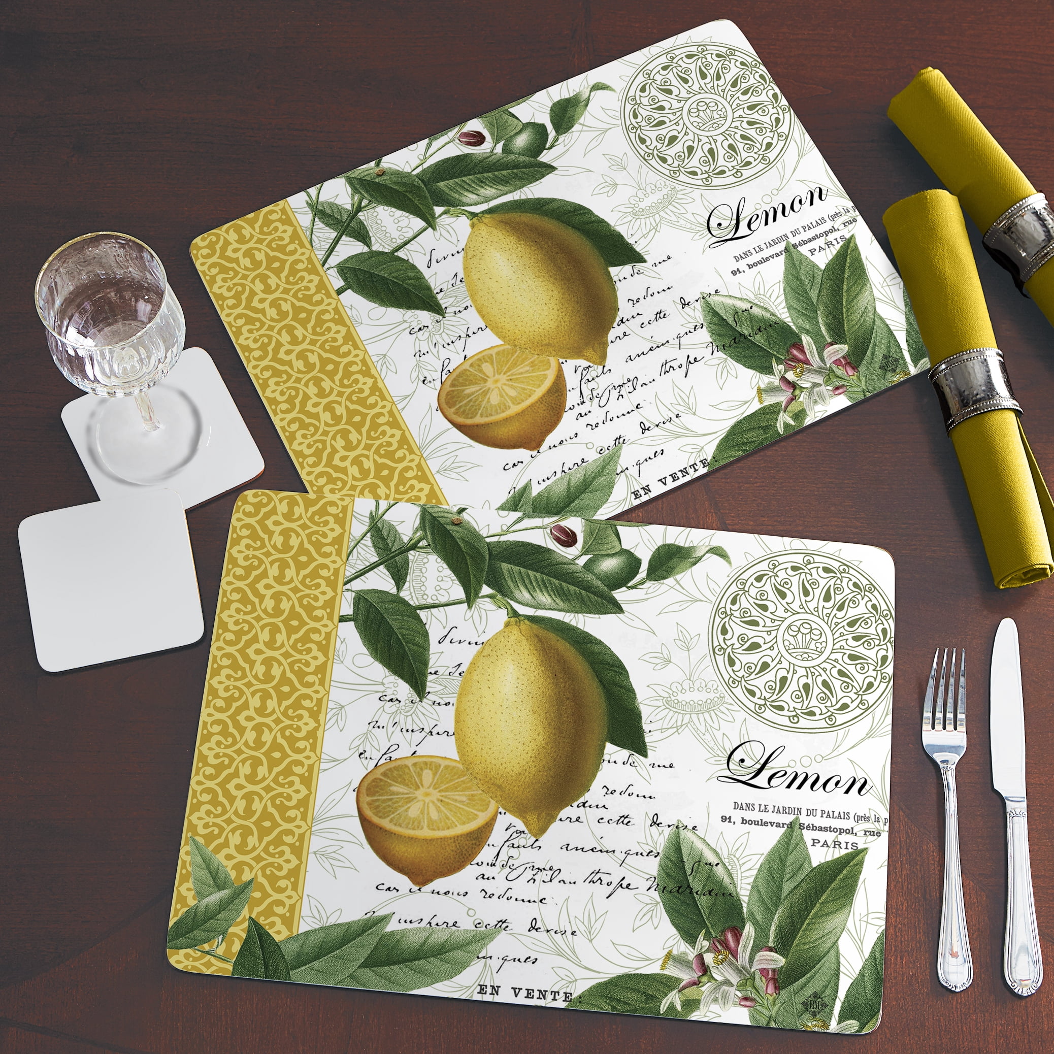 Cala Home "Citron" Premium Decorative Hardboard Cork Back Tabletop Placemats 4 Pack