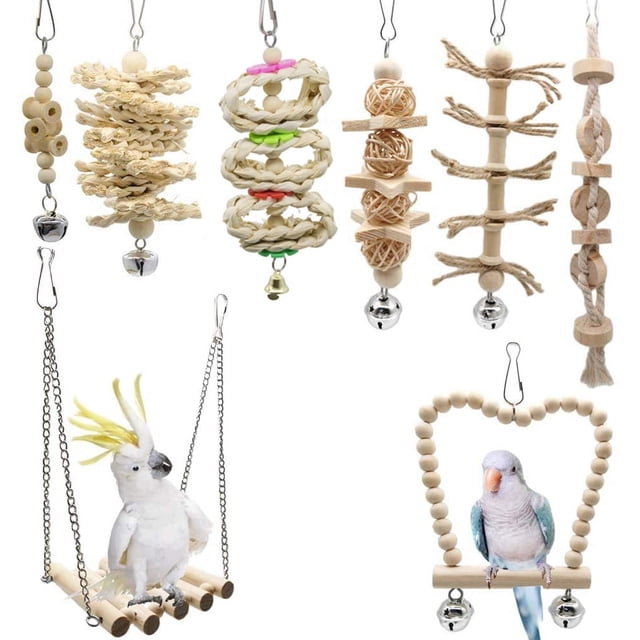 Paquete de 8 juguetes de columpio de campana para loros y pájaros, juguetes para masticar para pájaros hechos de hamaca de madera natural para cacatúas, periquitos, juguetes de jaula, cacatúas,