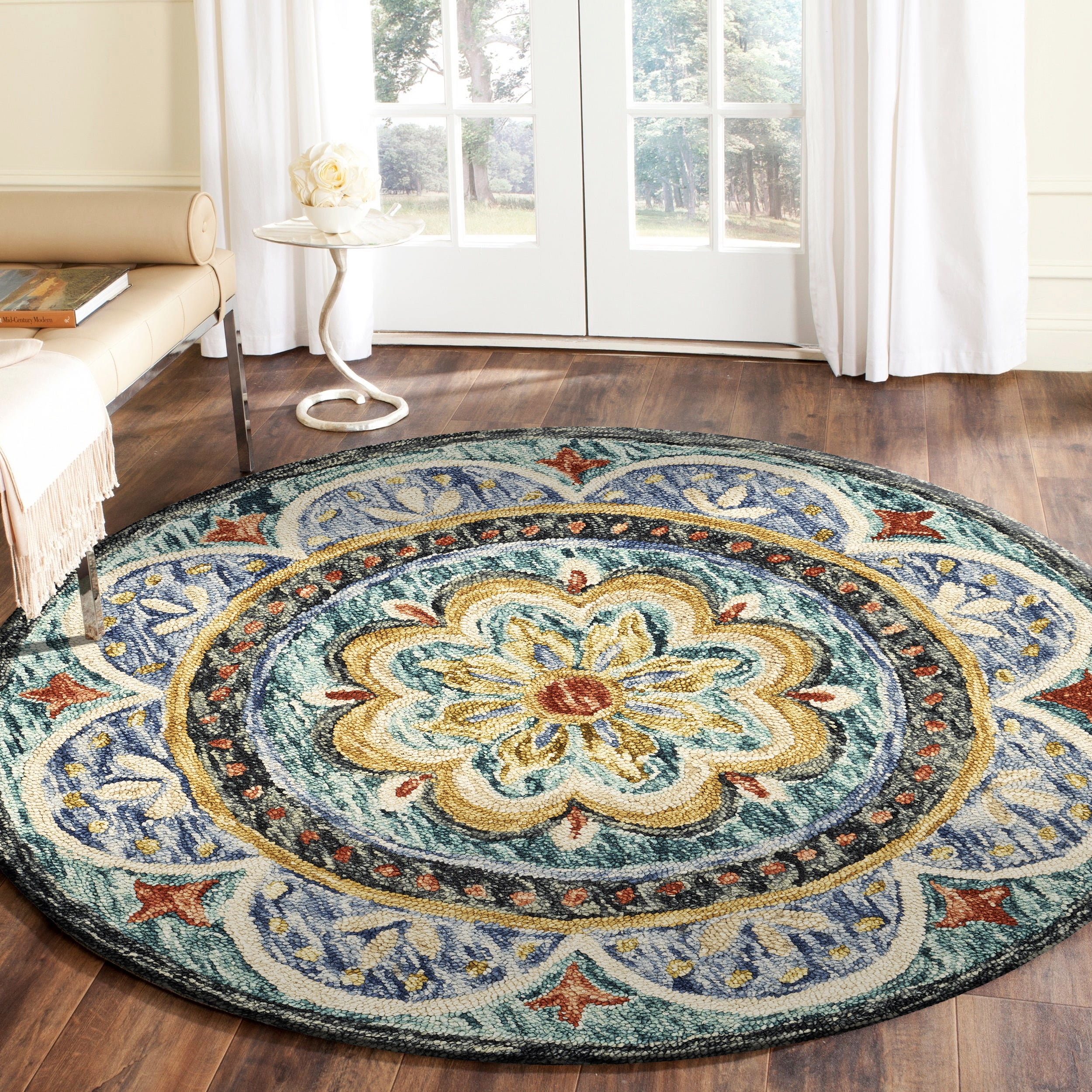 Ox Bay Elisa 4' Round Blue/Black Floral Medallion Indoor Area Rug