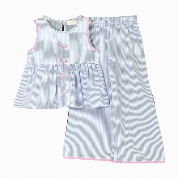mgoYE Toddler Girl Outfit Sets 4t Toddler Girl Clothes Summer Outfits Ruffled One Shoulder T-Shirt Bow Hem Tops Cute Pants Set(Blue,6-7 Years)