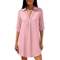 thumbnail image 2 of ClodeEU Women's Cotton Linen Lace Lapel V Neck Short Sleeve Shirt Dress,Casual Beach Cover Up Loose Dress Pink,Women's Plus XXL, 2 of 8