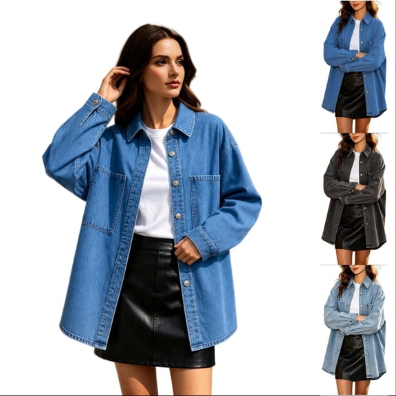 Tqcoqu Womens Lapel Collar Denim Shirt Jacket, Oversized Loose Fit Long Sleeve Shacket with Pockets, 2026 Fall Trendy Denim Clothes