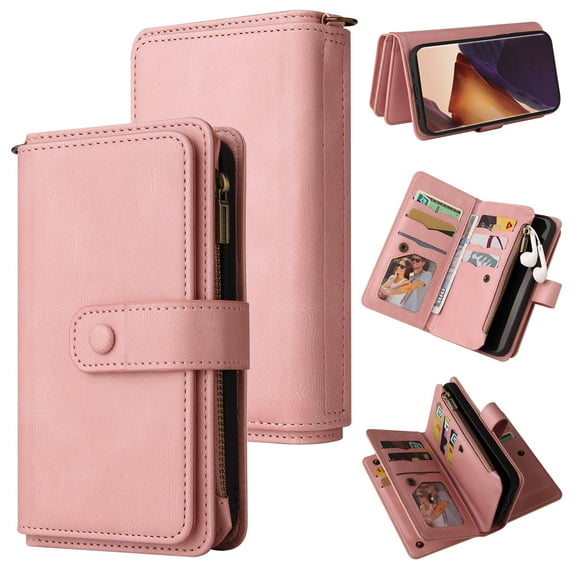 TECH CIRCLE Wallet Case For Galaxy Note 20,PU Leather Zipper Handbag Purse Flip Cover Kickstand Folio Women Case with Card Slots Holder Wrist Strap for Samsung Galaxy Note 20 6.7" 2020,Pink