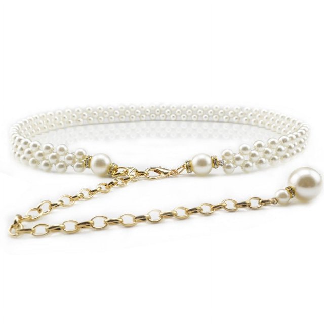 Women's Fashion Pearl Decorative Metal Waist Chain, White, Size 100cm(White)