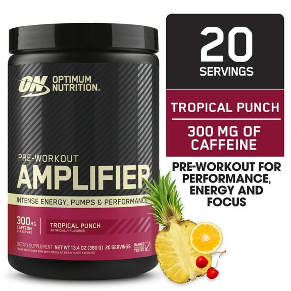 Optimum Nutrition, Pre-Workout Amplifier Powder, Tropical Punch, High Stim, Sugar-Free, Caffeine, 20 Servings